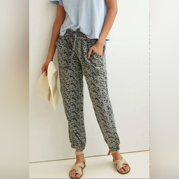 Anthropologie Linen Joggers Palm Leaf Pattern Black Ivory Drawstring Womens M - Picture 3 of 15